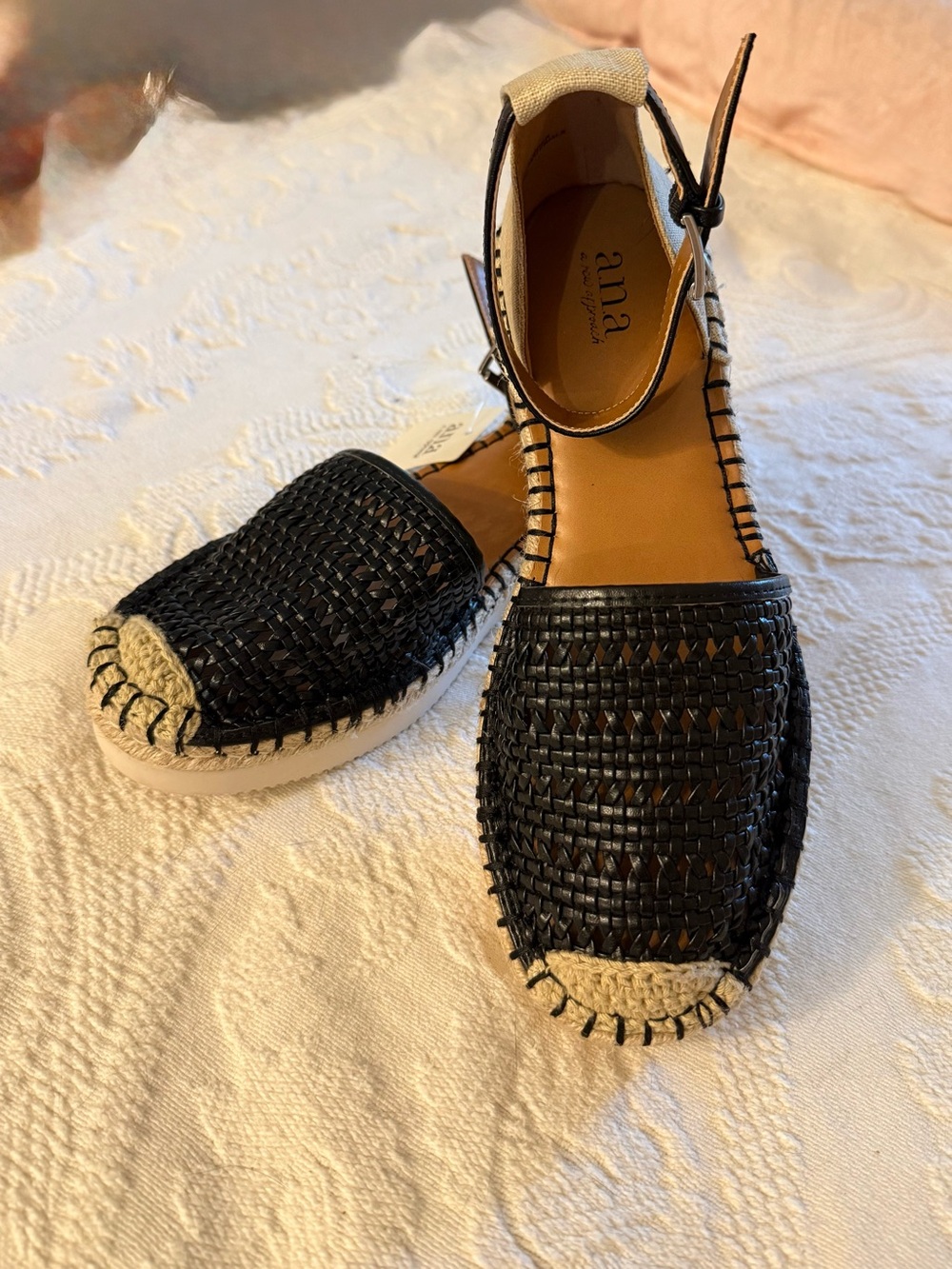 ana Black Woven Espadrille Flats with Ankle Strap